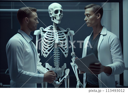 Young male doctor and skeleton patient at the hospi 113493012