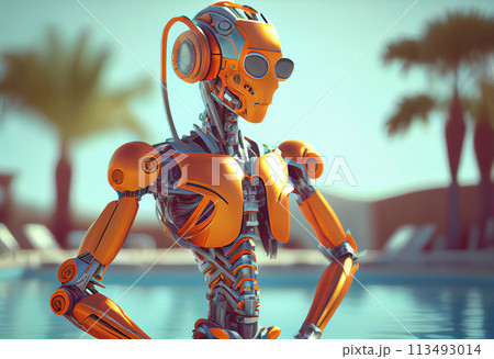 Orange humanoid robot by the pool Orange humanoid robot by the pool 113493014