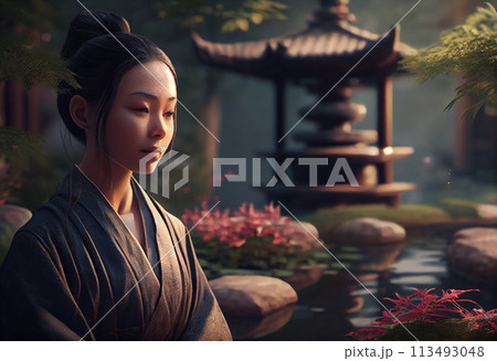 zen garden beautiful woman meditating 113493048