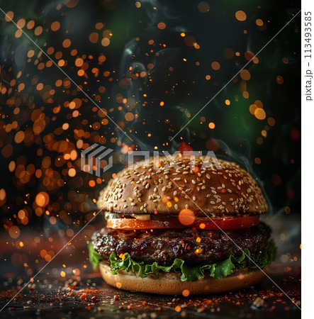 Yummy Burger with Dynamic Particles on Background. Fast Food Advertising Concept 113493585