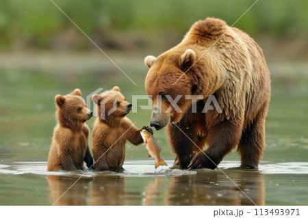 Mother Bear Fishing with Cubs in River. Generative AI 113493971