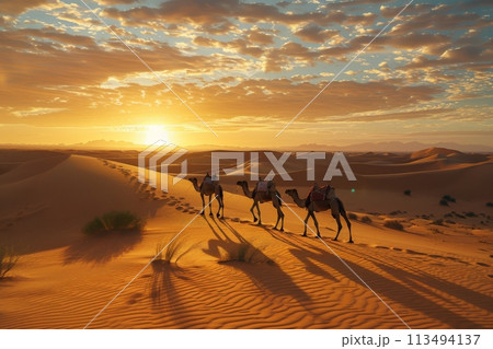 Camel Caravan Crossing Desert at Sunset. Generative AI 113494137