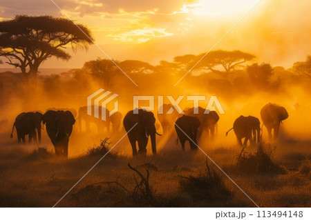Herd of Elephants in Dusty Sunset on Savanna. Generative AI 113494148