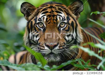 Tiger Staring Intently Through the Jungle Undergrowth. Generative AI 113494158