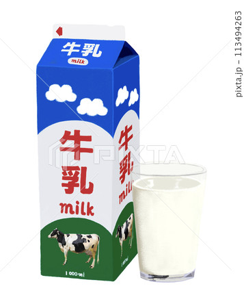 牛乳パックと牛乳コップ 113494263