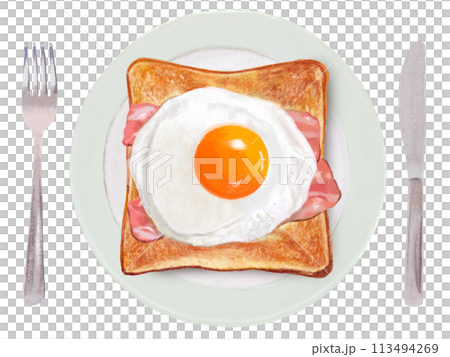 Bacon egg toast (with plate and cutlery) 113494269