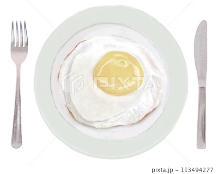 目玉焼き（皿、カトラリー付き）固焼き 113494277