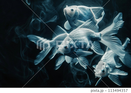 X-Ray Goldfish Trio Gliding in the Dark Waters. Generative AI 113494357