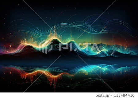 Colorful Data Waves Flowing Over Digital City. Generative AI Colorful Data Waves Flowing Over Digital City. Generative AI 113494410