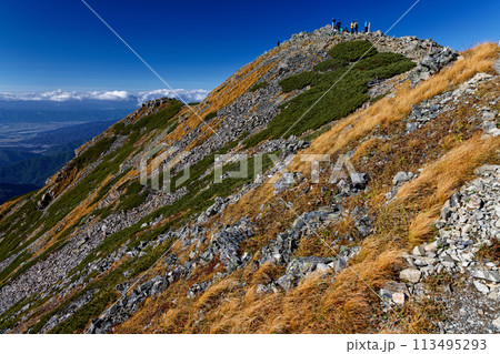 秋色の南アルプス・仙丈ヶ岳山頂 113495293