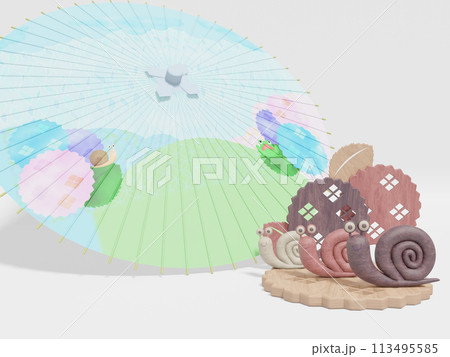 かわいい木製カタツムリの置き物と和傘のある3DCG風景 かわいい木製カタツムリの置き物と和傘のある3DCG風景 113495585