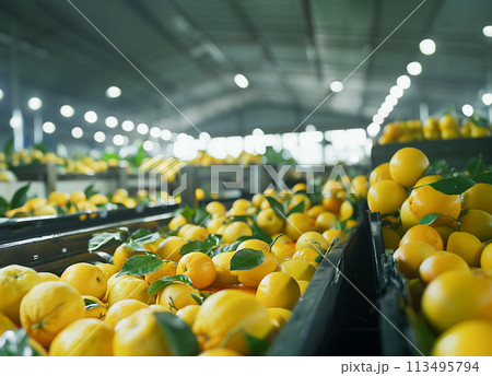 Conveyor With Many Washed Fresh Japanese Yuzu Friuts and Green Leaves in Storage, Harvesting. Copy Space for Text. Horizontal. Citrus Exotic Fruit, Plant in Family Rutaceae. Ai Generated Food 113495794