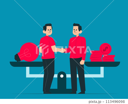 Two person shake hands to make a deal on the background of scales 113496098
