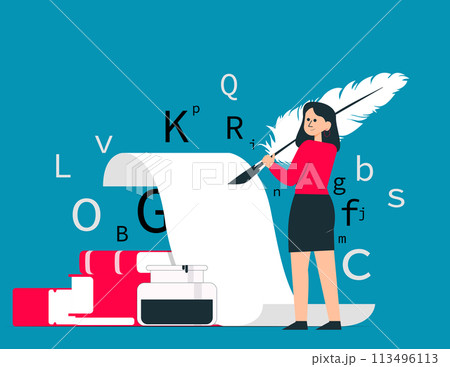 Person with huge feather pen writing on blank paper sheet. Poetry or narrative concept Person with huge feather pen writing on blank paper sheet. Poetry or narrative concept 113496113