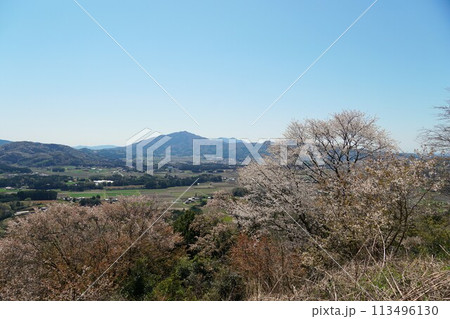 青空を背景に山桜の花が咲き誇る高峯平沢林道第一展望台より望む田園風景 113496130