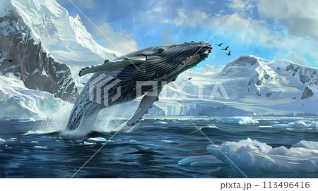 Majestic Humpback Whale Leaping Out of Water 113496416