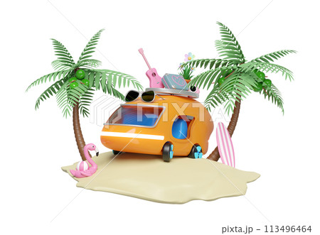 3d bus or van with island, surf board, tree, guitar, luggage, camera, sunglasses, flower, flamingo isolated. summer travel concept, 3d render illustration 3d bus or van with island, surf board, tree, guitar, luggage, camera, sunglasses, flower, flamingo isolated. summer travel concept, 3d render illustration 113496464