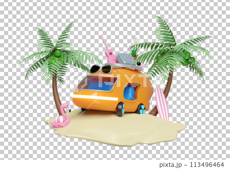 3d bus or van with island, surf board, tree, guitar, luggage, camera, sunglasses, flower, flamingo isolated. summer travel concept, 3d render illustration 3d bus or van with island, surf board, tree, guitar, luggage, camera, sunglasses, flower, flamingo isolated. summer travel concept, 3d render illustration 113496464