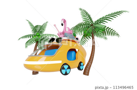 3d bus or van with tree, guitar, luggage, camera, sunglasses, flower, flamingo isolated. summer travel concept, 3d render illustration 113496465