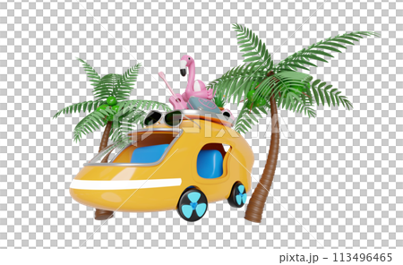 3d bus or van with tree, guitar, luggage, camera, sunglasses, flower, flamingo isolated. summer travel concept, 3d render illustration 113496465