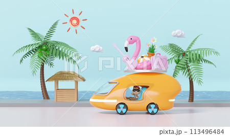 3d tourist buses run along the beach road with boy, tree, guitar, luggage, sunglasses, flower, flamingo isolated on blue. summer travel concept, 3d render illustration 113496484