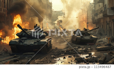 Group of Tanks Advancing on Street 113496487