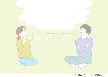 心配事、不安、悩みを抱える若い男性と女性、夫婦のイメージイラスト 113496605