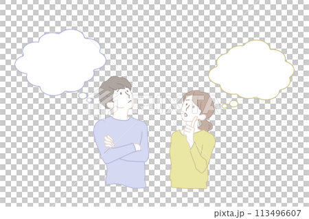 一對年輕夫婦思考憂慮和擔憂的圖像插圖 113496607