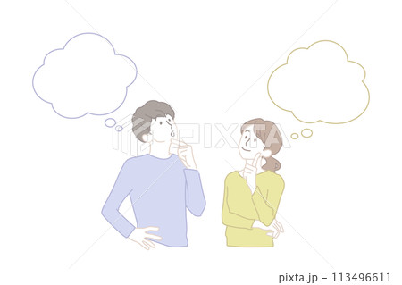 一緒に考える若い男女、カップル、夫婦のイメージイラスト 一緒に考える若い男女、カップル、夫婦のイメージイラスト 113496611