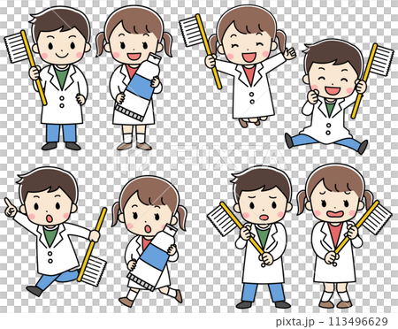 A set of illustrations of children doing dental care with toothbrushes 113496629