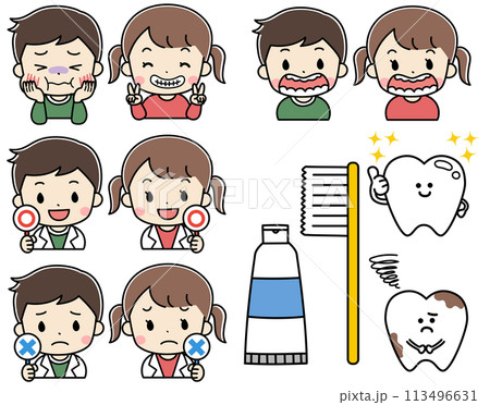 デンタルケアと子供と歯のイラストアイコンセット デンタルケアと子供と歯のイラストアイコンセット 113496631