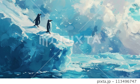Two Penguins Standing on an Iceberg 113496747