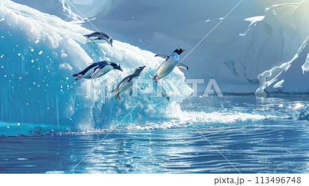 Penguins Jumping and Flying Over an Iceberg 113496748