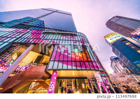 日本の東京都市景観 渋谷サクラステージSHIBUYAタワーやさくら坂の満開になった桜などを望む=5日 日本の東京都市景観 渋谷サクラステージSHIBUYAタワーやさくら坂の満開になった桜などを望む=5日 113497698
