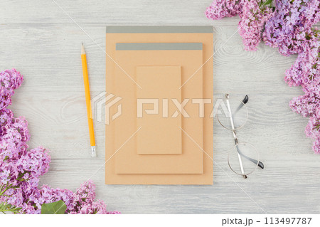 Craft sketchbook with pencil and lilac flowers 113497787