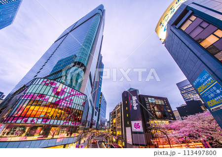 日本の東京都市景観 渋谷サクラステージSHIBUYAタワーやさくら坂の満開になった桜などを望む=5日 日本の東京都市景観 渋谷サクラステージSHIBUYAタワーやさくら坂の満開になった桜などを望む=5日 113497800