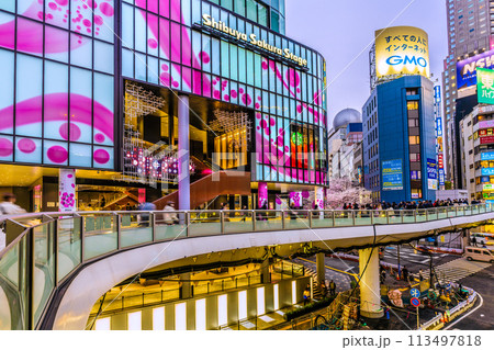 日本の東京都市景観 渋谷サクラステージSHIBUYAタワーやさくら坂の満開になった桜などを望む=5日 日本の東京都市景観 渋谷サクラステージSHIBUYAタワーやさくら坂の満開になった桜などを望む=5日 113497818
