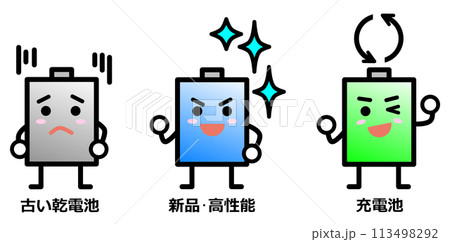新品で高性能な乾電池と古い乾電池の比較イラスト 113498292
