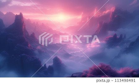 渓谷に訪れた春。天国のようなファンタジーの世界　AI生成画像 113498491