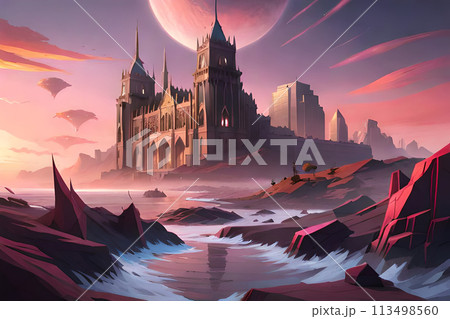 Male and female black superheroes posing in front of beautiful cityscape. 113498560