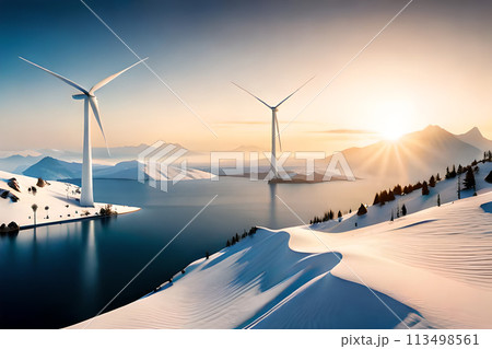 Panoramic view of wind farm or wind park, with high wind turbines for generation electricity 113498561