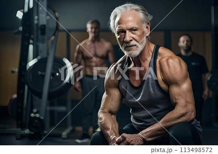 A old man with a beard stands in a gym with a large white beard. 113498572