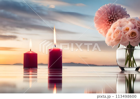Bouquet of white flowers in a vase, candles on vintage copper tray, wedding home decor on a table 113498600
