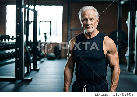 A old man with a beard stands in a gym with a large white beard. 113498605