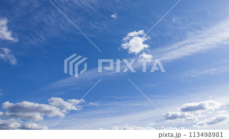 青空に流れるたくさんの白い雲 113498981
