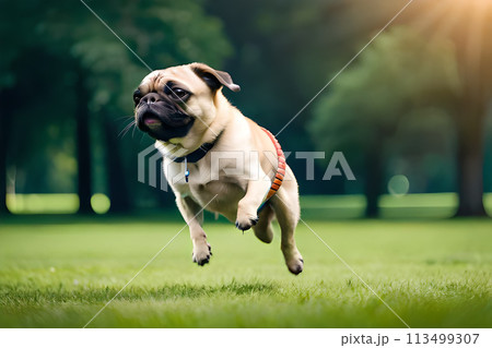 A small pug dog in a pine autumn forest on a walk. mops. 113499307