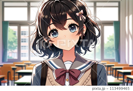 学校の校舎内の窓から覗く少女 113499465