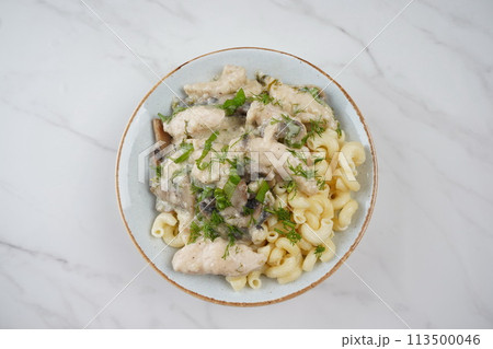 Fricassee - French Cuisine. Chicken stewed in a creamy sauce with mushrooms in a plate Fricassee - French Cuisine. Chicken stewed in a creamy sauce with mushrooms in a plate 113500046