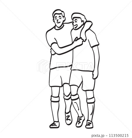 two male soccer player holding together with happiness illustration vector hand drawn isolated on white background 113500215