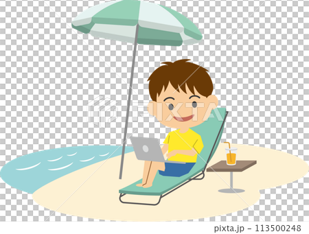 ビーチでワーケーションをする男性のイメージイラスト 113500248